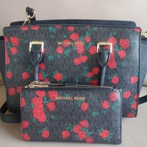 Michael Kors Black and Red Floral Shoulder Bag & Wallet Set